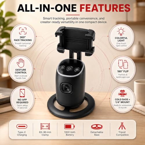 Image of AI Auto Face Tracking Tripod Stand with 360 Rotation, Gesture Control, No App Required, Smart Selfie Tripod Mount with AI, iPhone & Android, Vlogging - Live Streaming P05 By UNBREAKcable