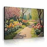 咲く庭の壁のアート春の森の小道マルチカラーフローラルアートキャンバス絵画バスルームリビングルームベッドルーム壁の装飾80x112cmインナーフレーム