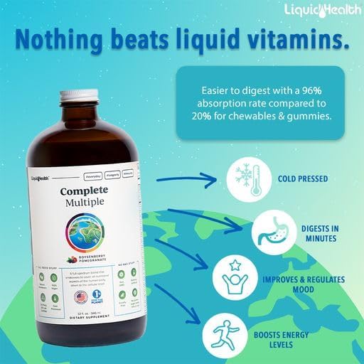 LIQUIDHEALTH Multivitamínico líquido de 32 onzas para hombres y mujeres adultos, apoyo inmunológico natural, sin OMG, vegano, sin gluten, sin azúcar, minerales, suplemento de vitaminas de fibra Colombia