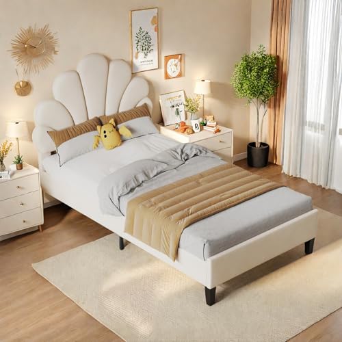 Lit rembourré, Cadre de lit Simple/Double avec tête de lit en Forme de Fleur et sommier à Lattes, pour Adolescente, Fille et Adolescente, Tissu Velours,sans Matelas...