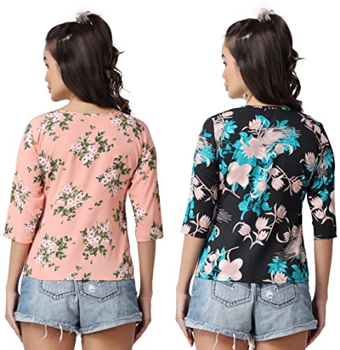 Image of POPWINGS Casual Floral Printed Round-Neck Puff-Sleeves Tops Combo for Women