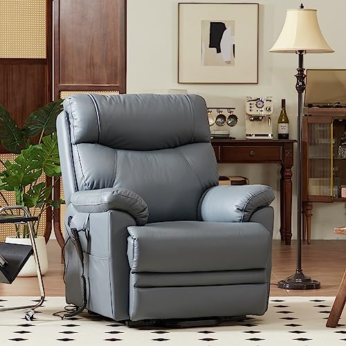 Dynox Genuine Leather Lift Chair For Elderly With Heating And Massage, Dual Motor Lay Flat Power Lift Recliner, Infinited Adjust For Back And Footrest(Blue) #TOP6