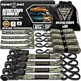 Ratchet Tie Down Straps (4 Pack) - 1,823lb Max Break Strength incl. (4) Heavy Duty 1' x 15' Rachet Tie Downs with Hooks & Handles Best for Moving Securing Cargo by Straight Jacket Crew (Camo)