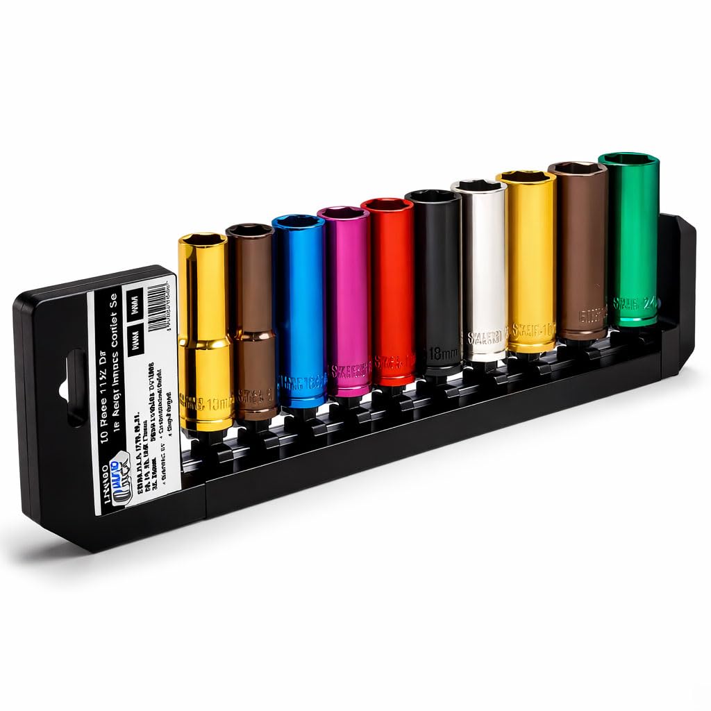 Autojack Multi Coloured 1/2" Deep Socket Set 10 Piece Metric Sockets With Included Storage Rack, Premium Chrome Finish For Corrosion Resistance