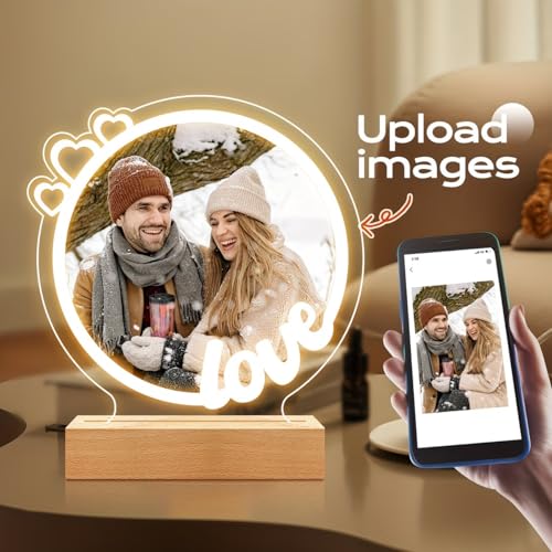 Image of SNAPTRAP Personalized LED Acrylic Photo Lamp with Wooden Base | Customized Couple Photo Light Gift for Girlfriend Boyfriend Wife Husband Family | Romantic Heart Design Night Lamp Decor