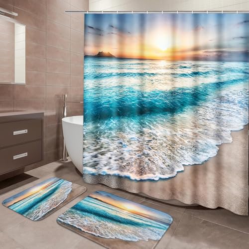Cortina de ducha de amanecer ArtSocket impermeable de 3 piezas y alfombras acolchadas de playa 2