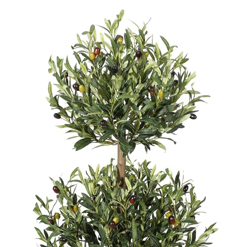 5FT Artificial Olive Triple Ball Topiary Trees with Moss & Inner Pot, Outdoor Indoor Realistic Fake Shrubs Trees, Faux Plants Round Bushes Fake Shrubs Potted for Home Offices Porch Decor Set of 1