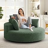 JEEOHEY 55' W Oversized Round Swivel Accent Barrel Chair,360 Degree Corduroy Upholstered Comfy Chaise Lounge Chair Indoor,Modern Deep Seat Single Sofa Armchair for Living Room,Bedroom,Office(Green)