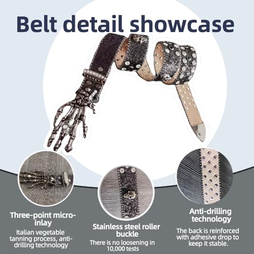 Statement Belt with Ornate Skull Motif Buckle & Triple Rolling Clasps - Rhinestone Studded Adjustable Strap for Men and Women3