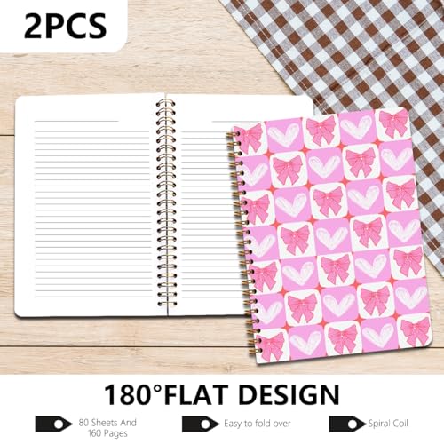 Image of 2Pcs Bow Notebook, Pink Bow Heart College Ruled Spiral Notebook, 160 Pages Hardcover Notebooks Journals for Writing Travel Business Office, Cute Pink Aesthetic Notebooks for Women