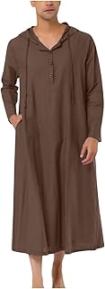 Camisón de manga larga para hombre, de lino, étnico, con capucha, vestidos con botones y bolsillos Pijama casual holgado ﻿