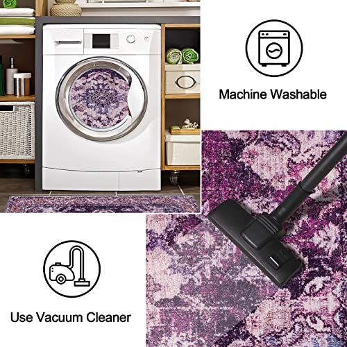 Bohemian Medallion Hallway Runner Rug,2'X 8' Distressed Purple Washable Area Rug Non-Slip Kitchen Mat Faux Wool Low-Pile Floor Carpet For Kitchen Laundry Bedroom Bathroom Living Room #TOP3