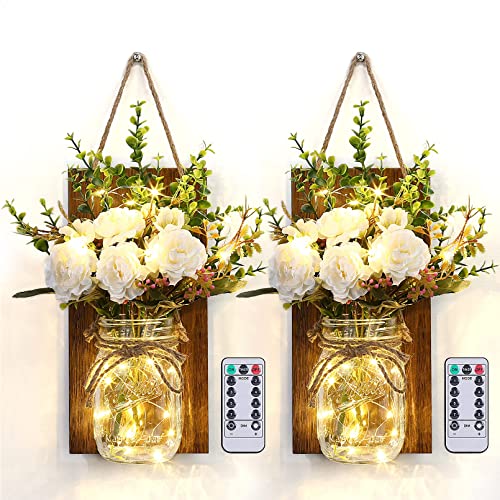 Glighone Appliques Murales Mason Jar, Décoration Murale de Chambre Rustique avec 2 Télécommande Minuterie Fleurs Artificielles Lumières Suspendue à Piles...