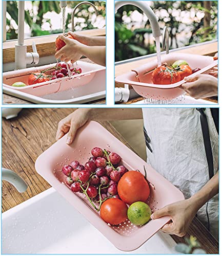 Image of Sink Colanders and Strainers Basket Retractable Plastic Fruit Vegetable Strainer Drainer Basket for Kitchen (Length 14.3 inch-19.4 inch) (Pink)