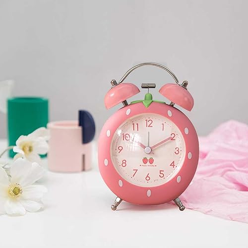 Miniatura 2 de Bonito reloj despertador de fresa de 4 pulgadas para personas que duermen con luz de fondo, reloj despertador de campana doble ruidosa para niños,