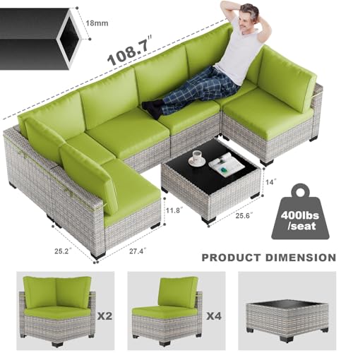 Image of 7-Piece Patio Furniture Set, Outdoor Sectional with Thick Cushions, Modular Patio Sofa, Dual-Strand Wicker Rattan, Rust-Resistant Frame, Backyard Furniture for Garden, Deck, Grass Green
