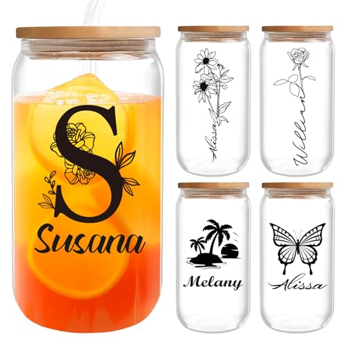 Personalized Glass Tumblers with Names - 15 Designs, 16 oz Custom Iced Coffee Glass Cups with Lids and Straws, Personalized Birthday Bridesmaids Gifts for Women Men