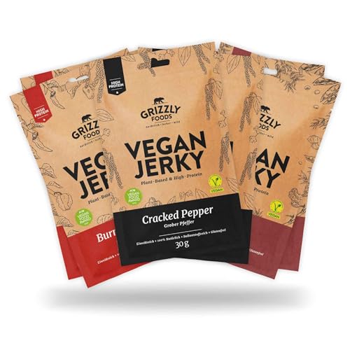 Grizzly Foods • Vegan Jerky 3 Sorten Probierset (6 x 30g) • Pflanzliches Beef Jerky • Veganes Trockenfleisch • High Protein Snack • Ideal für Unterwegs, Büro, Sport