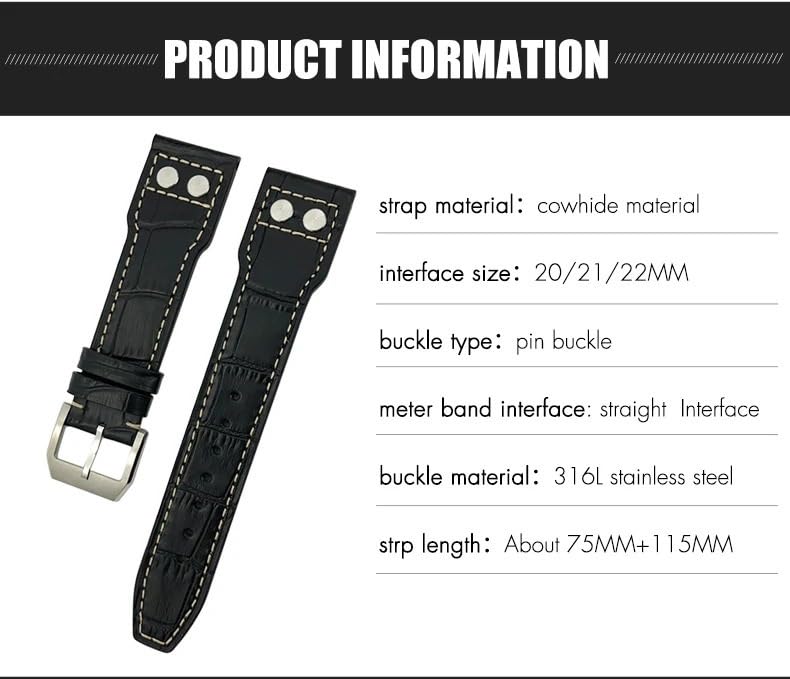 Cinturino in vera pelle, 22 mm, 21 mm, 20 mm, adatto per IWC Big Pilot, accessorio da uomo