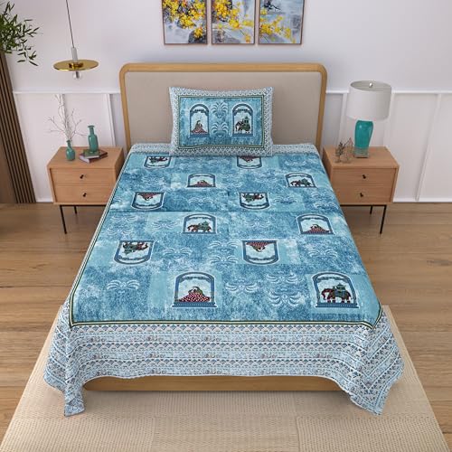 Image of 100% Cotton Single Bedsheet with 1 Pillow Cover | 240 TC Pure Cotton Flat Bed Sheet | Traditional Jaipuri Printed Bedding Set | Soft & Breathable | 60 x 90 Inch (Rangmahal Single 57)