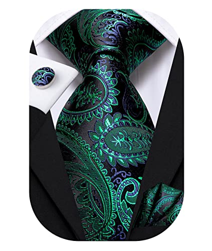 Hi-Tie Black and Green Paisely Mens Tie and Pocket Square Cufflinks Set for Wedding Business