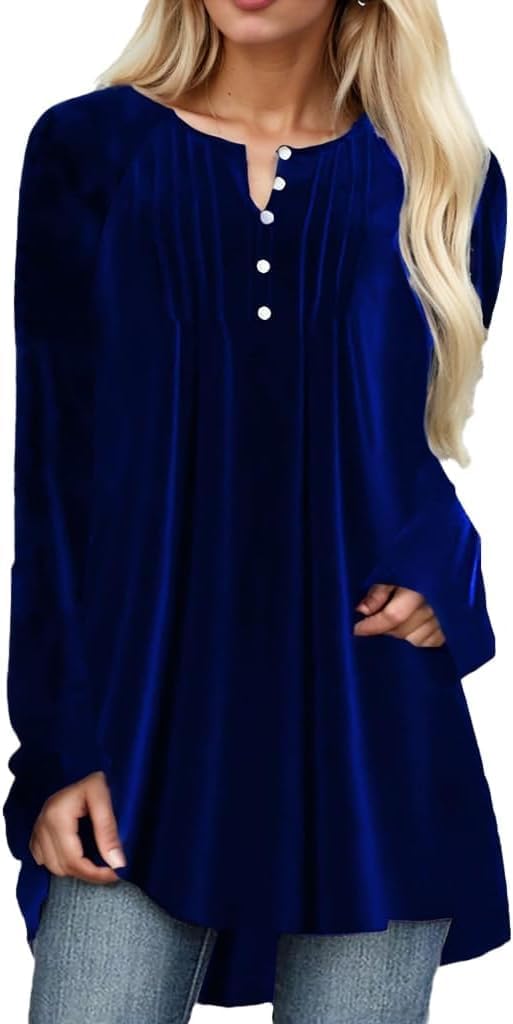 Fronage Velvet Tops for Women Pleated Button Dwon Dressy Casual Loose Blouse Tops for Holiday party