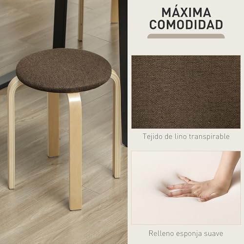 HOMCOM Juego de 4 Taburetes Apilables Redondos Taburetes Bajo de Cocina de Madera con Asiento Acolchado para Comedor Dormitorio Oficina Salón Marrón y Natural - imagen 5