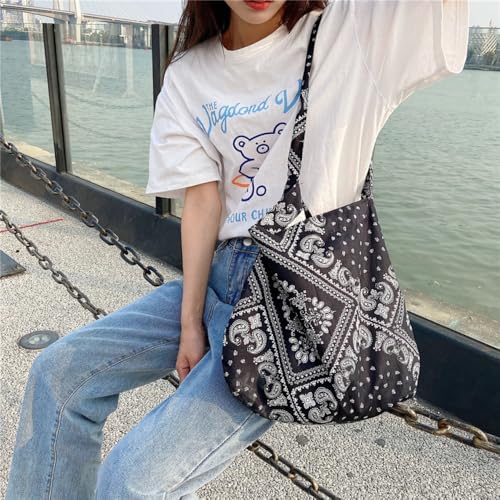 Shopping Bags Canvas Casual Multifunctional Shoulder Bag Retro Printed Handbag(black)3