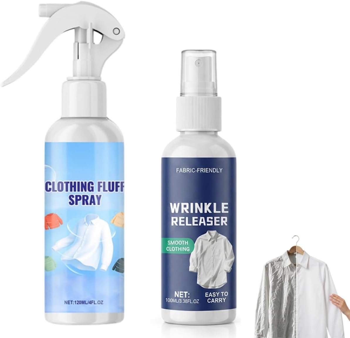Wrinkle Release Spray Travel Size, 2026 New Instant Anti-Wrinkle Fabric Spray for Clothing, Potable Wrinkle Releaser Fabric Softener without Ironing (100ml+120ml)