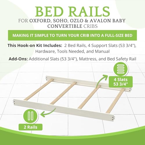 Image of Full-Size Conversion Kit Bed Rails for Oxford, Soho, Ozlo & Avalon Baby Convertible Cribs - Solid Wood - Toddler & Adult Rail for Full-Size Bed - Nursery & Baby Furniture (Heirloom White, Hook-On Kit)