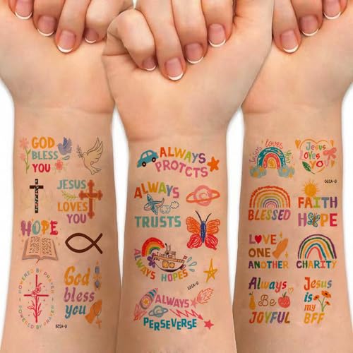 Christian Temporary Tattoos - 200 PCS Color Christian Bible Verse Tattoos, Rainbow Religious Belief God Bless Tattoo for Adult Body Face Party Favors Decoration Gifts Q745