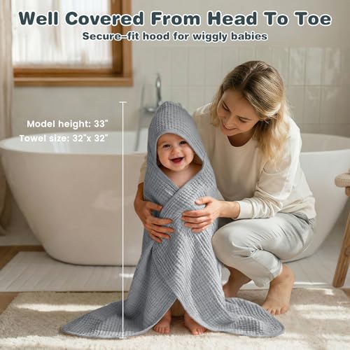 Image of Hooded Baby Bath Towels for Newborn, 2 Pack - 6-Layer 100% Muslin Cotton, Soft Absorbent Baby Towels with Hood for Babies, Infants & Toddlers, Large 32x32 Inch Unisex Newborn Baby Bath Essentials