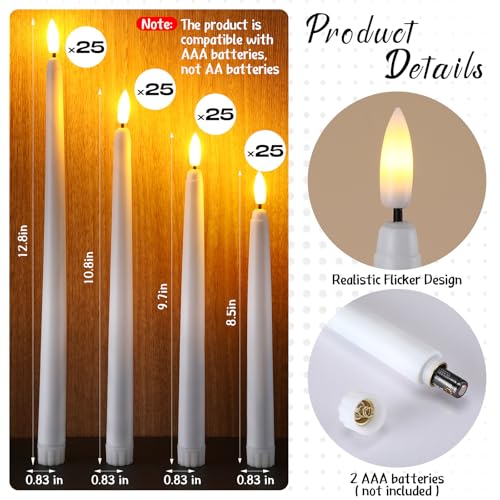 Image of Baquler 100 Pcs Flameless Taper Candles LED Battery Operated Bulk,White | Flickering Glow, Artificial Fake Candles for Weddings Christmas Halloween, 4 Sizes 8.5-12.8 in, Safe Flameless Table Decor
