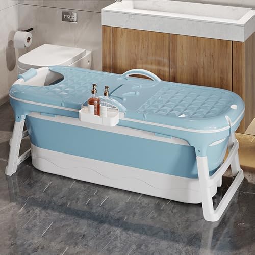 Bañera de plástico, bañera independiente plegable para adultos, 118 x 60 x 53 cm, portátil, con tapa y cesta de jabón, para baño y ducha (azul)