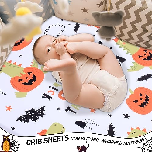 Image of Cloele Halloween Fitted Crib Sheet for Boys Girls,Pumpkin Dinosaur,52x28in | Baby Nursery Sheet,Cozy Bed Sheet,Standard Crib and Toddler Mattresses,Bats Crib Mattress Infant Toddler Sheet