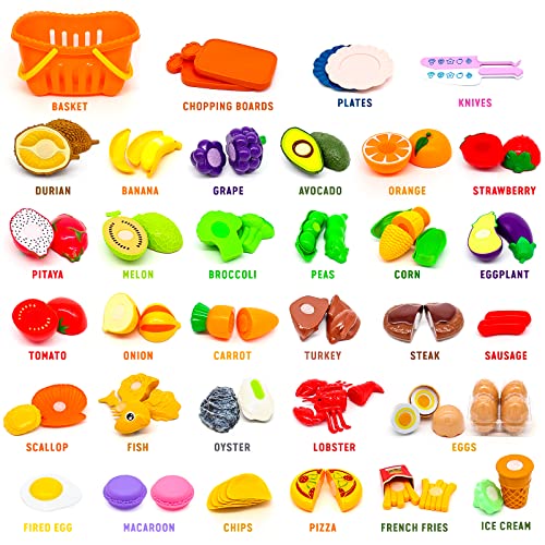88 Pcs Play Food For Kids Kitchen, Play Kitchen Accessories Toy Food, Fruit And Vegetable, Pretend Food With Storage Basket, Mini Dishes And Knife, Kitchen Playset For Toddlers 1-3, Gift For Kids #TOP1