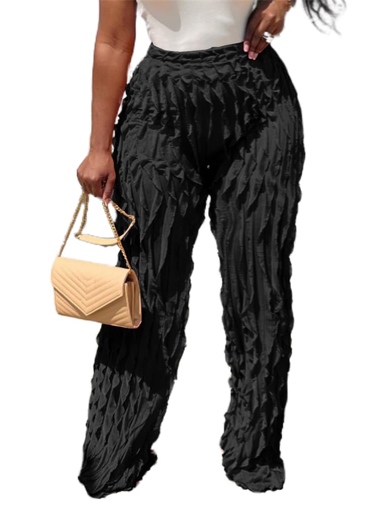 cu4eve High Waisted Wide Leg Pants for Women Casual Elastic Loose Ruffle Palazzo Pants Trousers Plus Size