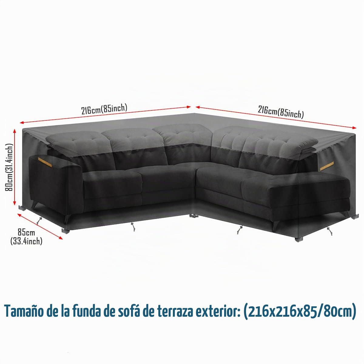 Cubierta de Muebles en Forma de L, Funda para Muebles de Jardin Sofá Esquinero, Funda Muebles Exterior, Impermeable Anti-UV Funda Protectora para Sofa de Jardin, 216x216x85/80cm