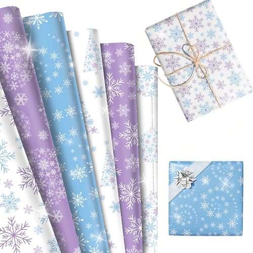 12 Blatt Weihnachts Schneeflocken Geschenkpapier Winter Wonderland Forzen Geschenkpapier für Geburtstag Hochzeit Babyparty DIY Basteln Geschenkverpackung