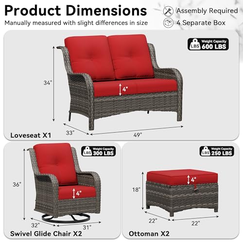Image of 5 Piece Outdoor Wicker Patio Furniture Set, Outdoor Swivel Rocker Patio Chairs Set with Thickened Olefin Cushions, High Back and Deep Seating, Hand-Woven PE Rattan for Porch, Deck