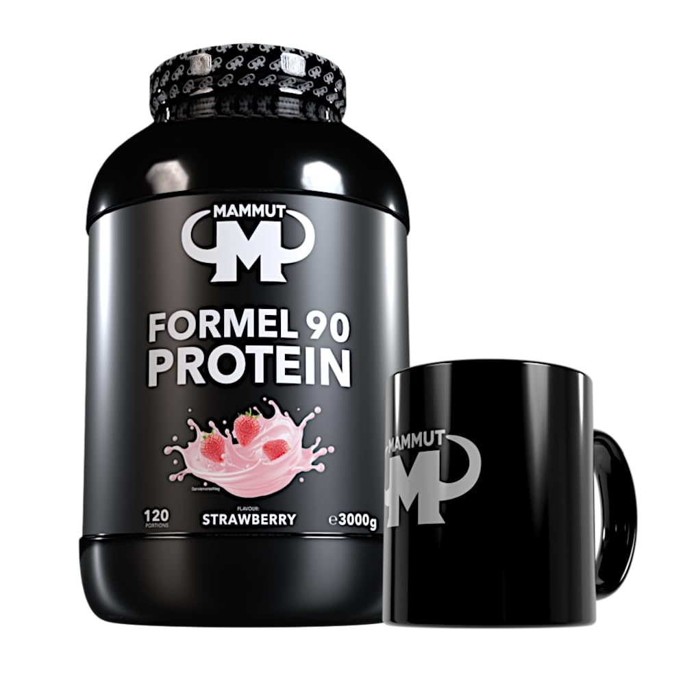 Mammut Nutrition Formel 90 Proteinpulver Erdbeere 3 kg, 4-Komponenten Protein: Sojaisolat, Whey, Milch, Ei-Protein mit Vitamin B6, gezielte Proteinversorgung, inkl. Keramik-Tasse
