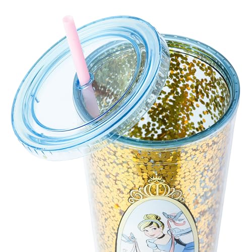 Image of Silver Buffalo Disney Princess Cinderella, Plastic Cold Cup, 32oz | Confetti, Includes Lid and Straw, 0.95 Liters