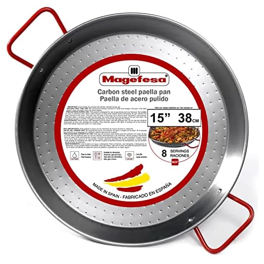 MAGEFESA Forma de paella de aço carbono em aço polido, com covinhas para maior resistência e leveza, ideal para cozinhar ao ar livre, cozinhe sua própria paella Valenciana - 38 cm