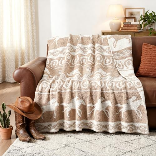 Buryeah 5060 Inch Western Rodeo Reversible Knitted Throw Blanket Southwestern Cowboy Knit Throw Blanket Horse Horseshoe Pattern Rustic Ranch Decor Gift for Couch Sofa Bed