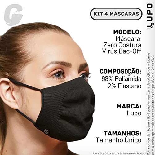 Kit 04 Máscaras Lupo de Proteção Microfibra Sem Costura Amni Bac OFF Preta