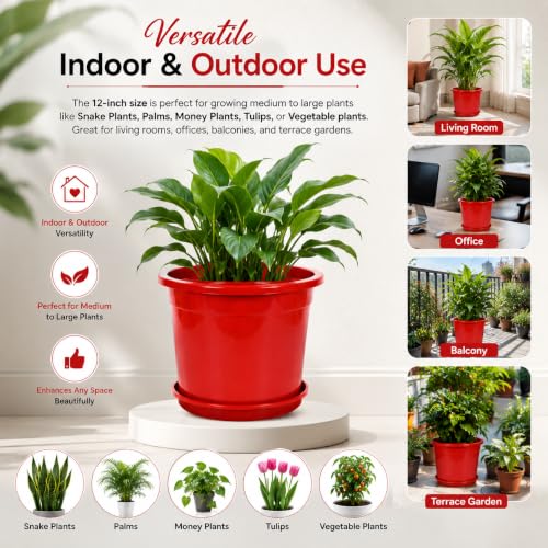 Image of 12 Inch Glossy Red Plastic Planter with Bottom Plate | Heavy Duty Flower Pot with Tray for Indoor Home Decor, Balcony, Living Room & Outdoor Garden (12 Pot, Red)