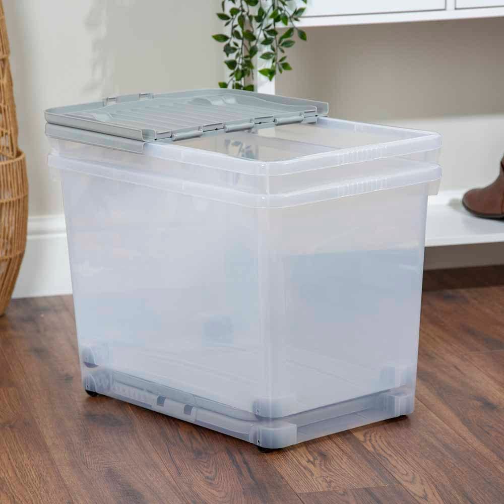 80 Litre 80L Large Big Plastic Clear Storage Box with Grey Hinged Lid and Wheels Strong