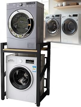 Washer Dryer Stand Stacking Kits, 3 Gear Height Adjustable Washing Machine Stacking Kits, Tumble Dryer Stacker Unit, 660lbs Max Load, 4X4cm Thick Metal Frame, for Bathroom Laundry Room Balck A [Energy Class A+++]