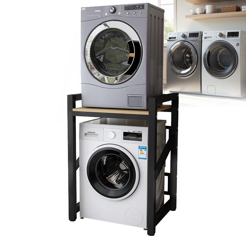 Washer Dryer Stand Stacking Kits 3 Gear Height Adjustable Washing Machine Stacking Kits Tumble Dryer Stacker Unit 660lbs Max Load 4X4cm Thick Metal Frame for Bathroom Laundry Room (Balck A)
