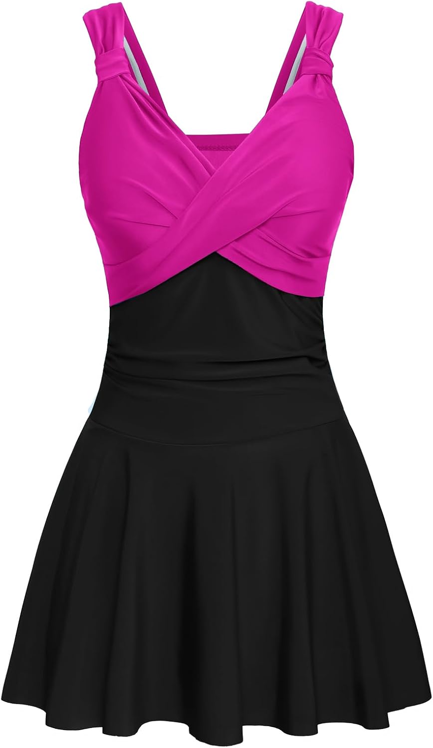 GRACE KARIN Women's One Piece Swimdress Tummy Control Bathing Suit V Neck Swimsuit Ruched Skirt Swimwear